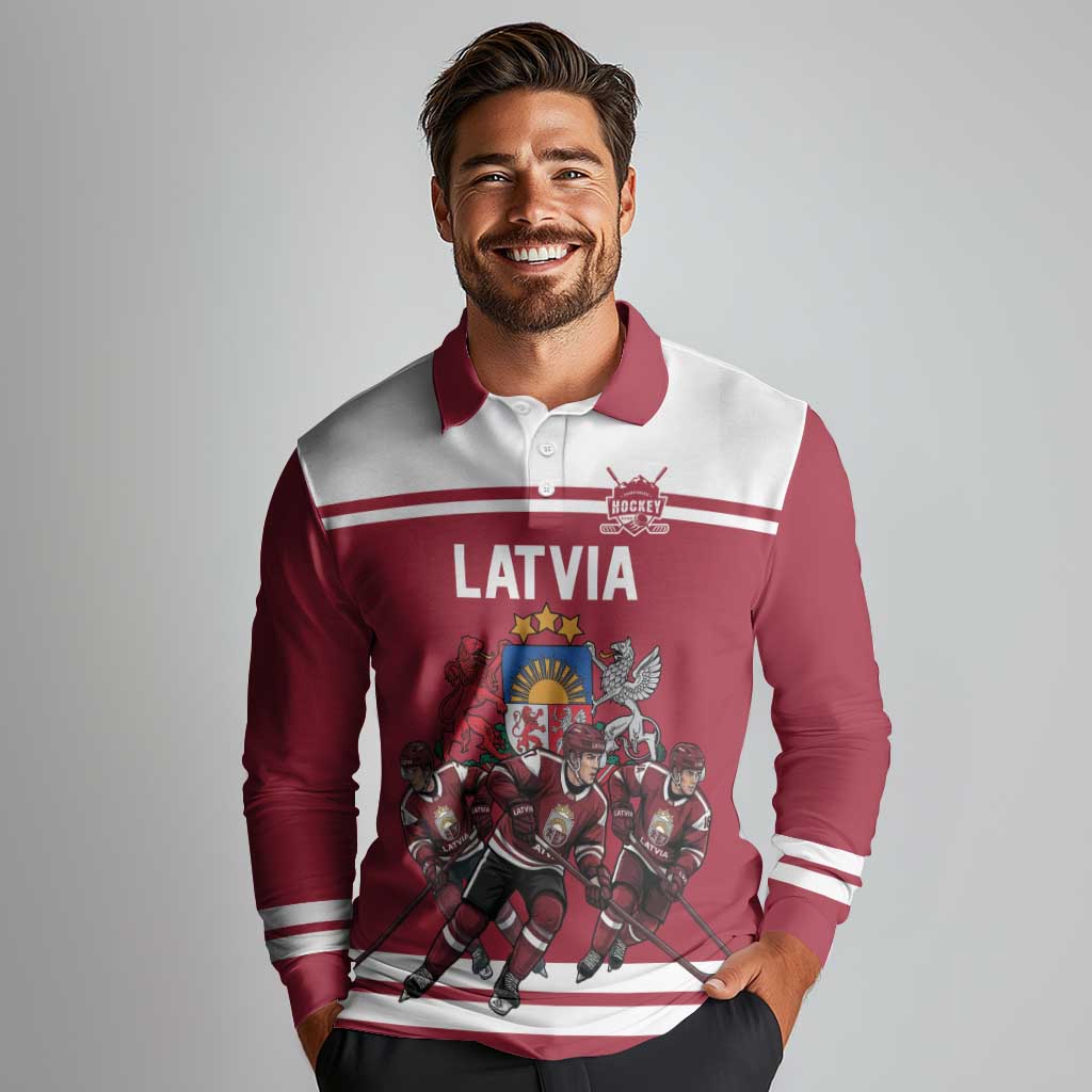 Latvia Hockey Pride Custom Long Sleeve Polo Shirt Baltic Ice Warriors