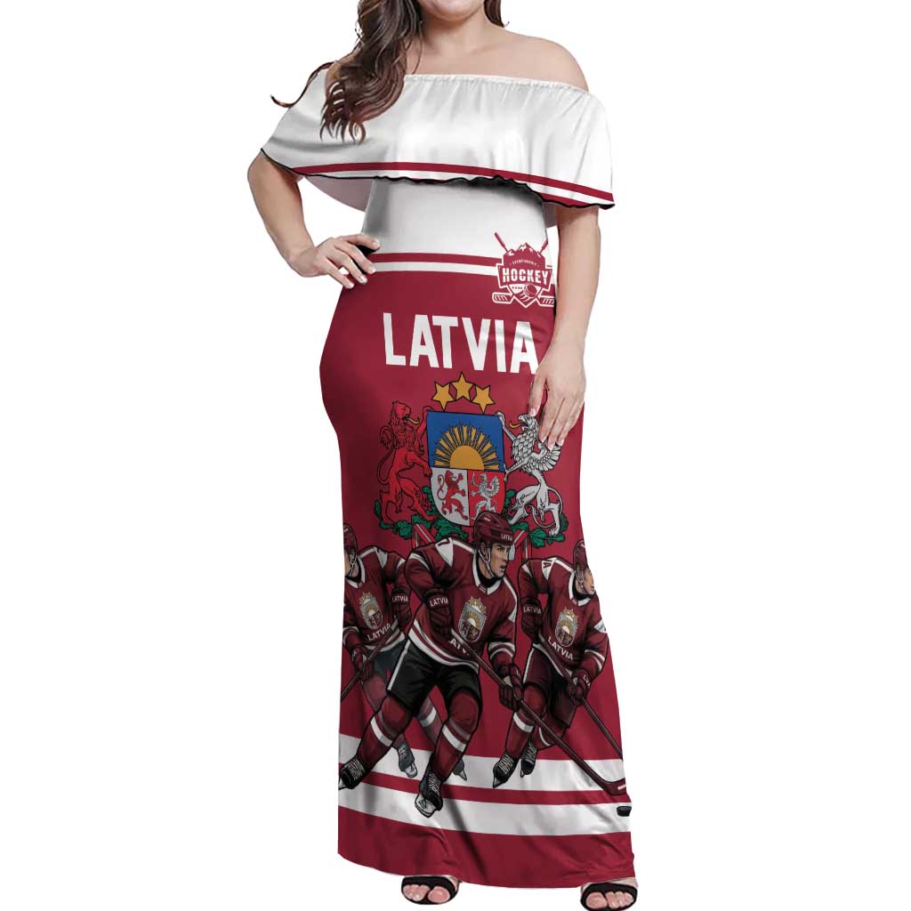 Latvia Hockey Pride Custom Off Shoulder Maxi Dress Baltic Ice Warriors
