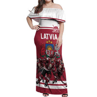 Latvia Hockey Pride Custom Off Shoulder Maxi Dress Baltic Ice Warriors