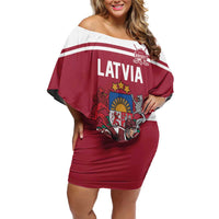 Latvia Hockey Pride Custom Off Shoulder Short Dress Baltic Ice Warriors
