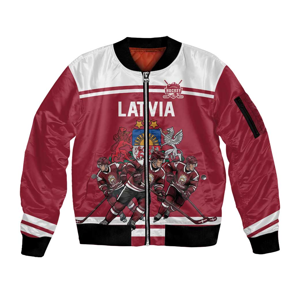 Latvia Hockey Pride Custom Sleeve Zip Bomber Jacket Baltic Ice Warriors