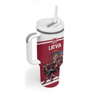 Latvia Hockey Pride Custom Tumbler With Handle Baltic Ice Warriors