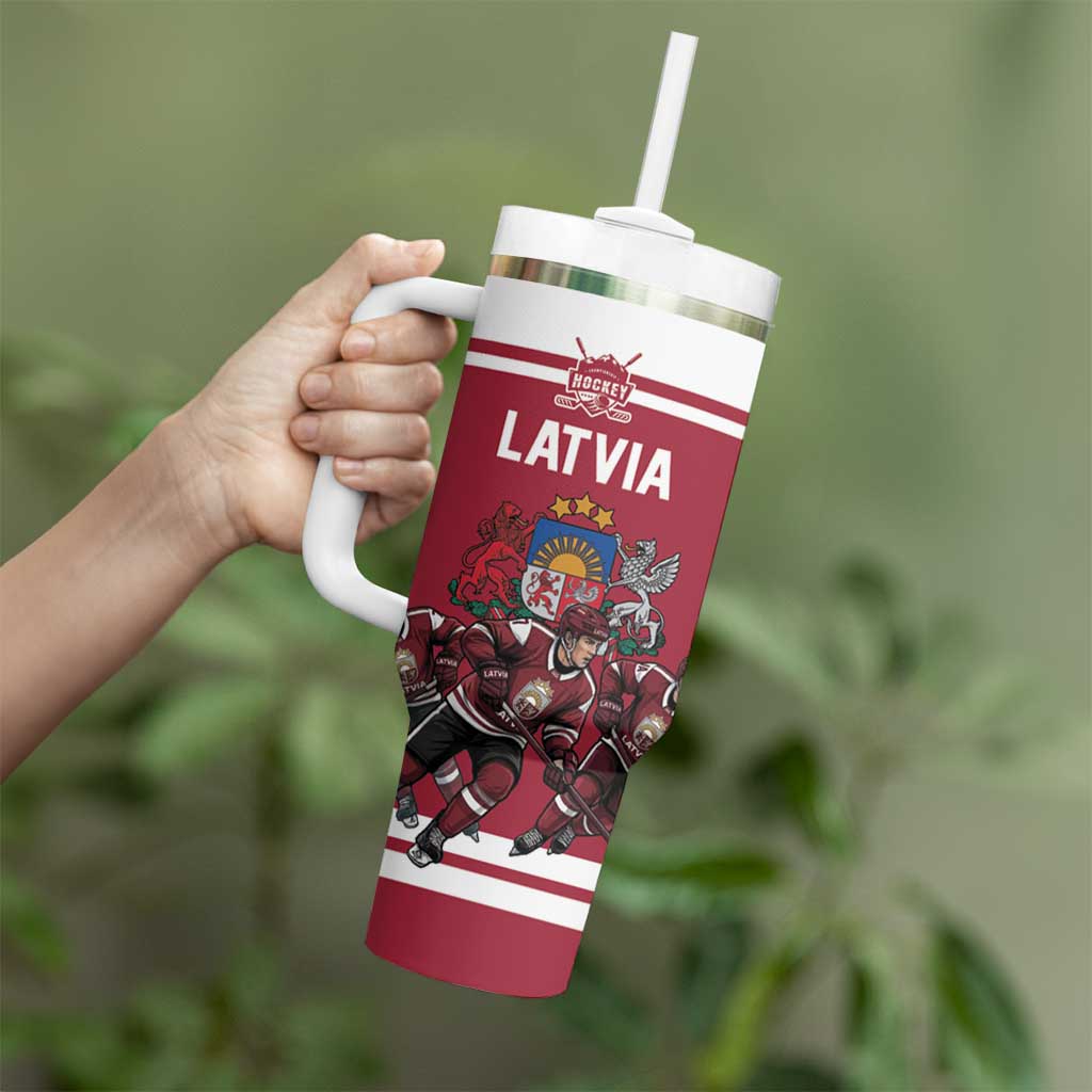 Latvia Hockey Pride Custom Tumbler With Handle Baltic Ice Warriors