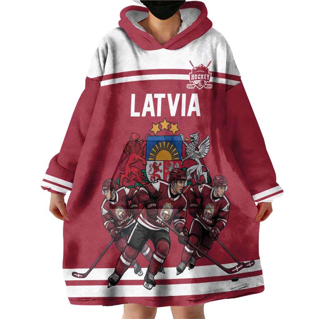 Latvia Hockey Pride Custom Wearable Blanket Hoodie Baltic Ice Warriors