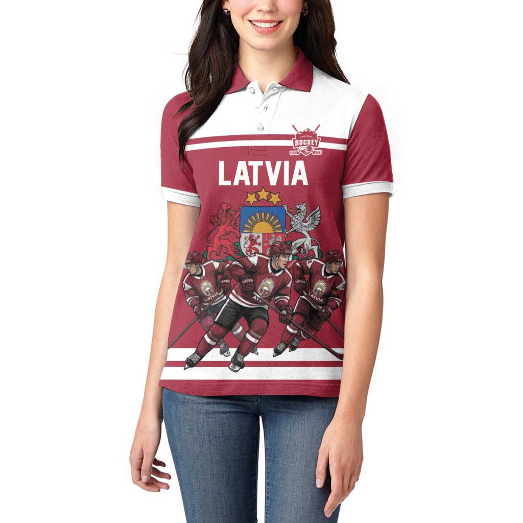 Latvia Hockey Pride Custom Women Polo Shirt Baltic Ice Warriors