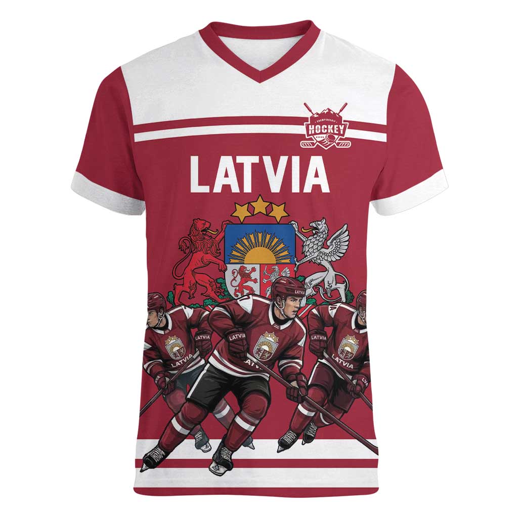 Latvia Hockey Pride Custom Women V-Neck T-Shirt Baltic Ice Warriors