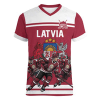 Latvia Hockey Pride Custom Women V-Neck T-Shirt Baltic Ice Warriors