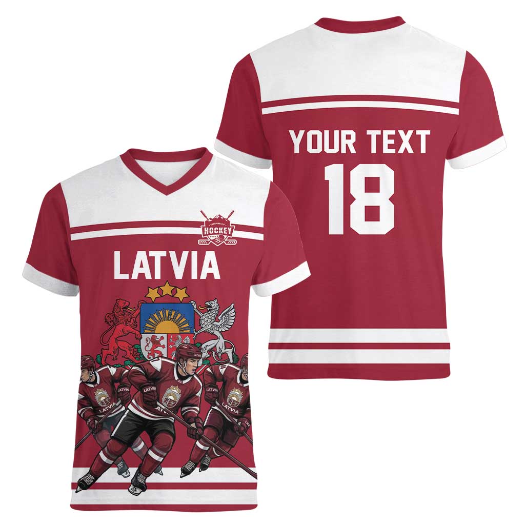 Latvia Hockey Pride Custom Women V-Neck T-Shirt Baltic Ice Warriors