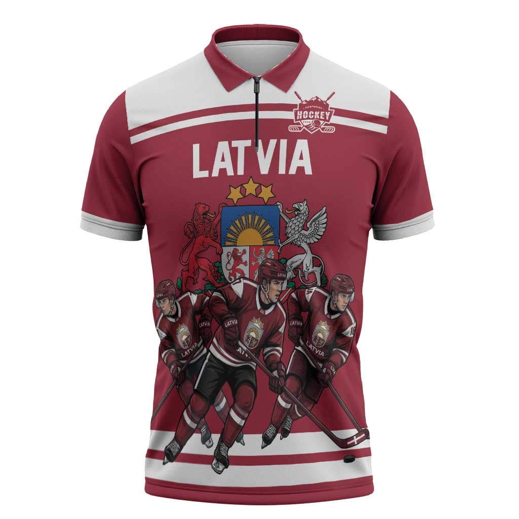 Latvia Hockey Pride Custom Zipper Polo Shirt Baltic Ice Warriors