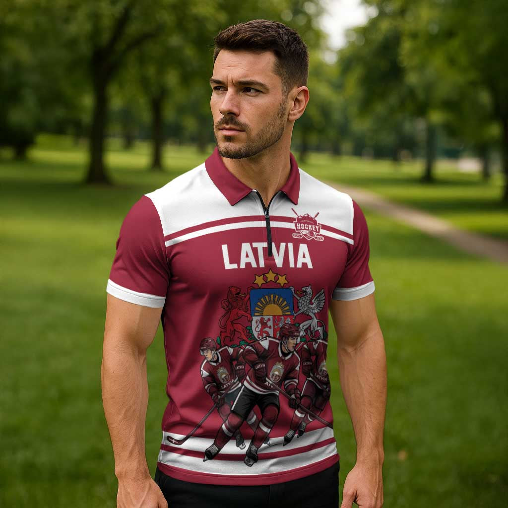 Latvia Hockey Pride Custom Zipper Polo Shirt Baltic Ice Warriors