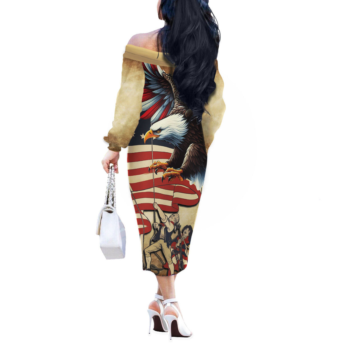 United States Flag Day Eagle 1777 Off The Shoulder Long Sleeve Dress Patriotic American Flag