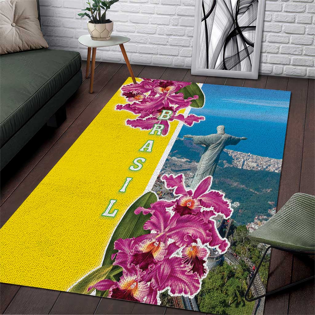 Brazil Cattleya Labiata Area Rug Christ The Redeemer And Flag Color Style - Wonder Print Shop