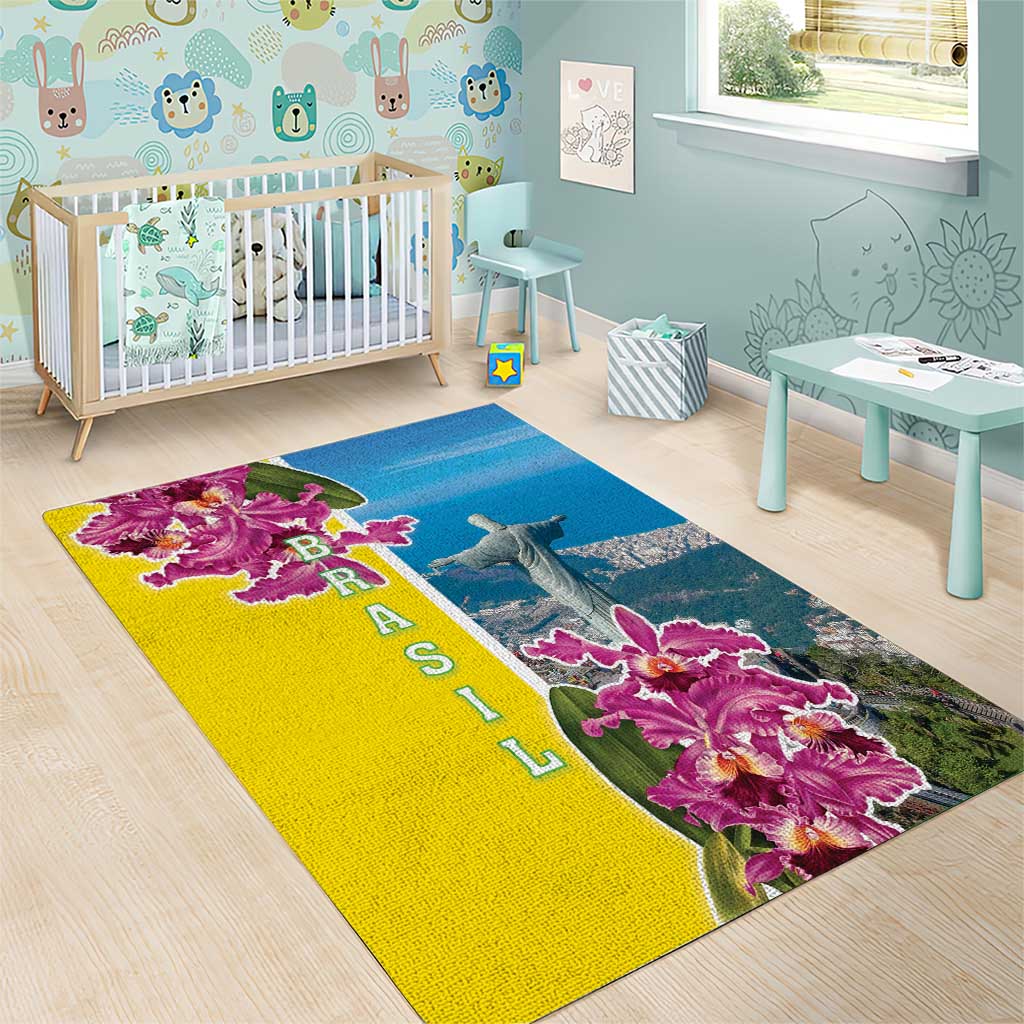 Brazil Cattleya Labiata Area Rug Christ The Redeemer And Flag Color Style - Wonder Print Shop