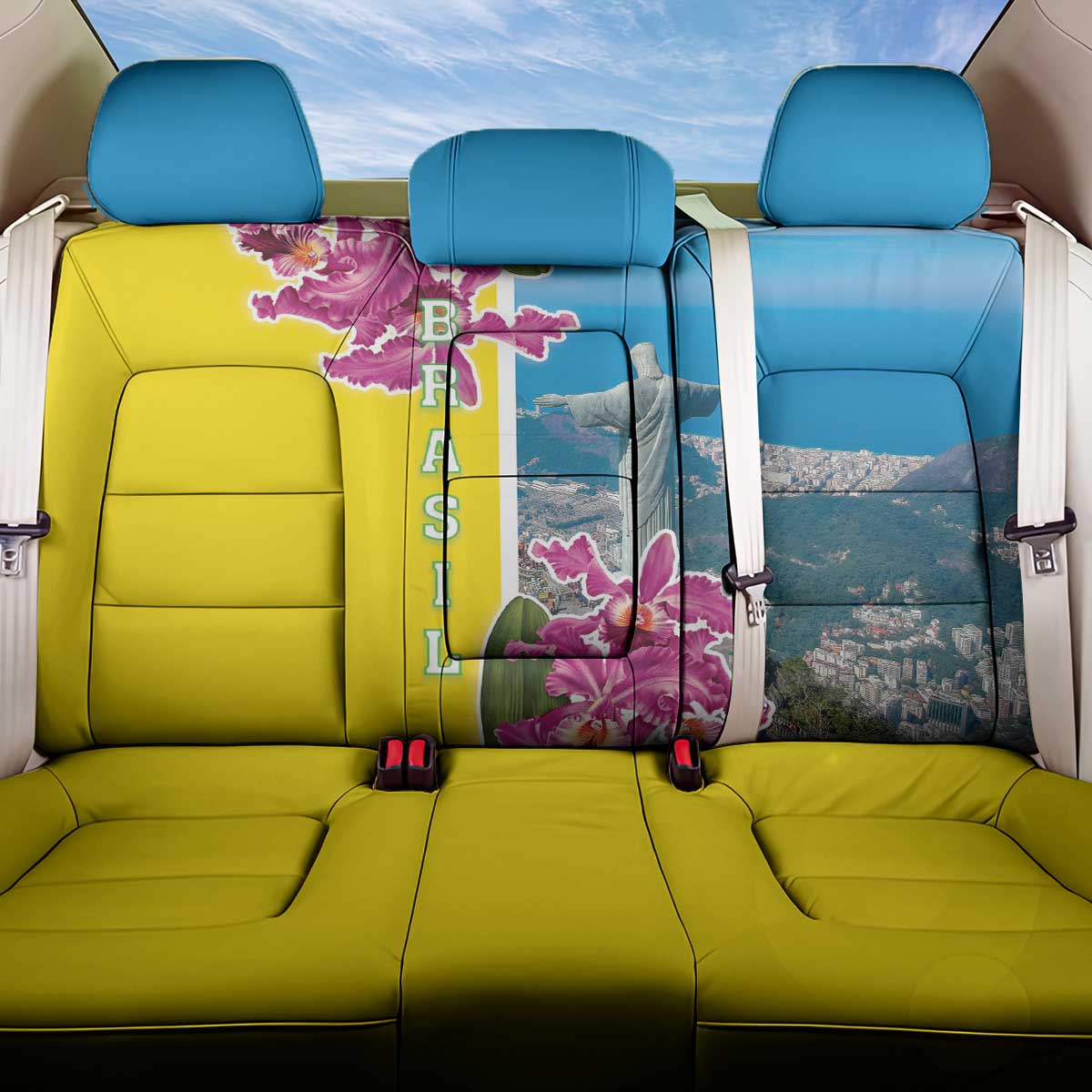 Brazil Cattleya Labiata Back Car Seat Cover Christ The Redeemer And Flag Color Style - Wonder Print Shop