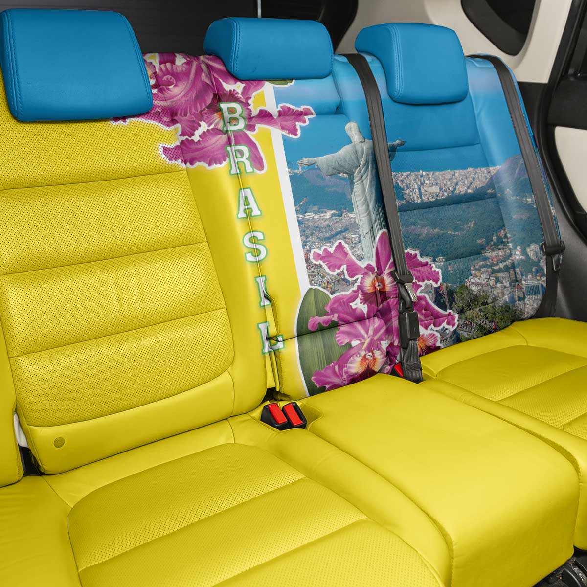Brazil Cattleya Labiata Back Car Seat Cover Christ The Redeemer And Flag Color Style - Wonder Print Shop
