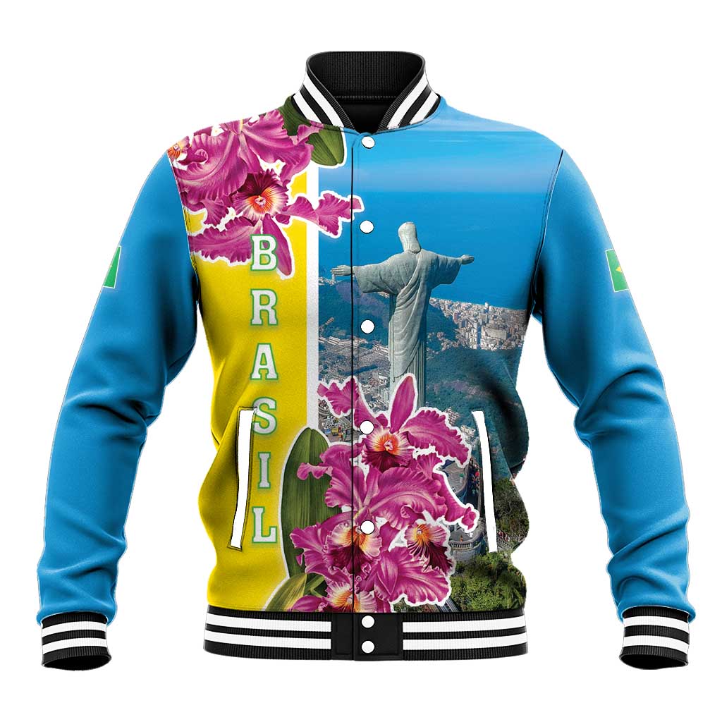Brazil Cattleya Labiata Baseball Jacket Christ The Redeemer And Flag Color Style - Wonder Print Shop