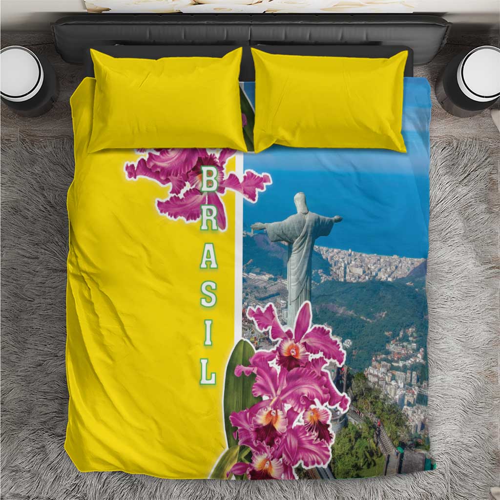 Brazil Cattleya Labiata Bedding Set Christ The Redeemer And Flag Color Style - Wonder Print Shop