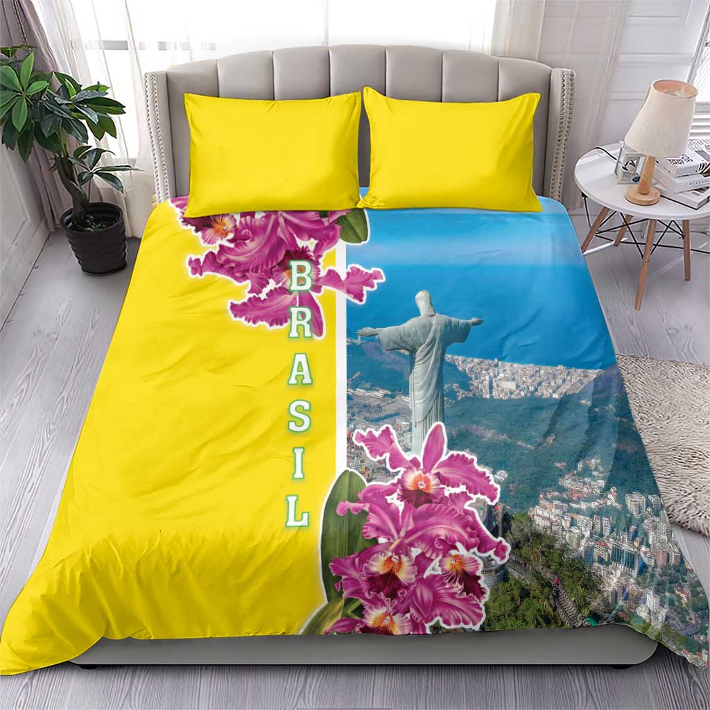 Brazil Cattleya Labiata Bedding Set Christ The Redeemer And Flag Color Style - Wonder Print Shop