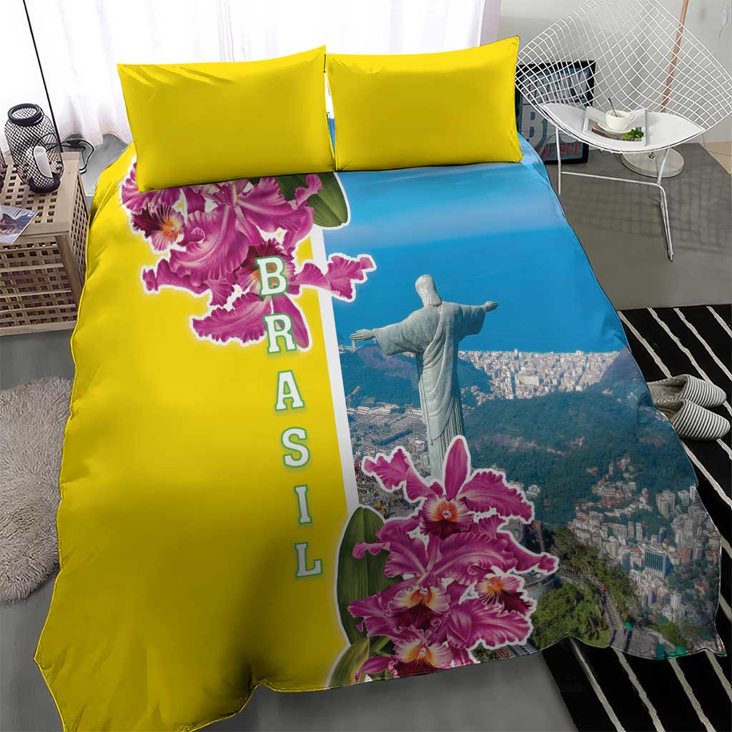 Brazil Cattleya Labiata Bedding Set Christ The Redeemer And Flag Color Style - Wonder Print Shop