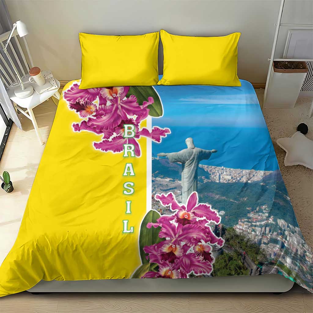 Brazil Cattleya Labiata Bedding Set Christ The Redeemer And Flag Color Style - Wonder Print Shop