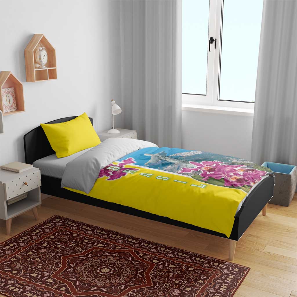 Brazil Cattleya Labiata Bedding Set Christ The Redeemer And Flag Color Style - Wonder Print Shop
