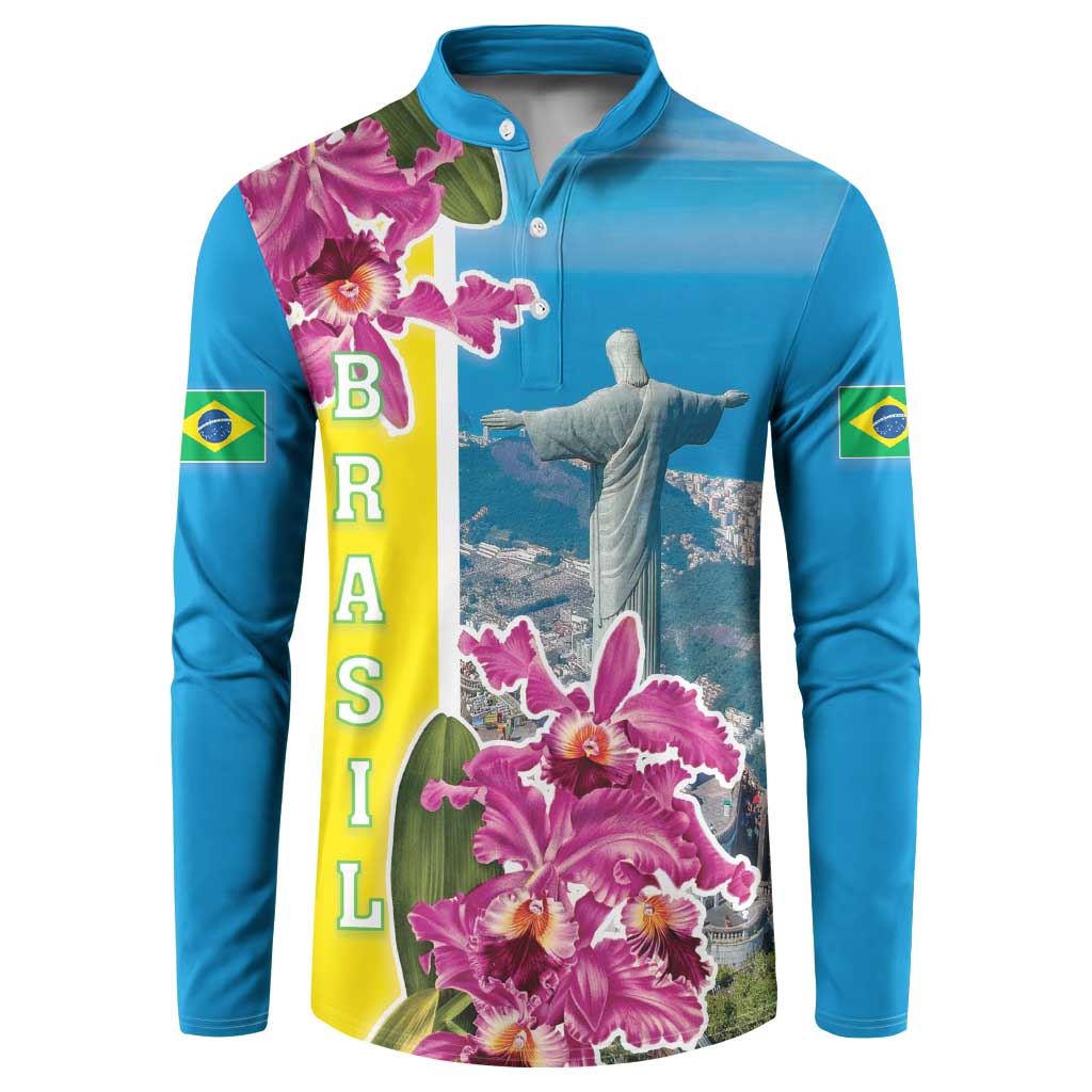 Brazil Cattleya Labiata Button Sweatshirt Christ The Redeemer And Flag Color Style - Wonder Print Shop