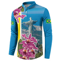 Brazil Cattleya Labiata Button Sweatshirt Christ The Redeemer And Flag Color Style - Wonder Print Shop