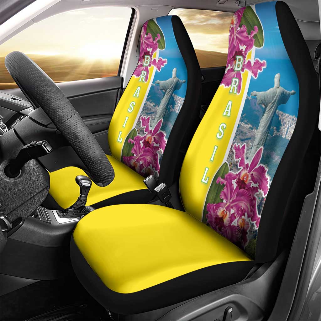 Brazil Cattleya Labiata Car Seat Cover Christ The Redeemer And Flag Color Style - Wonder Print Shop