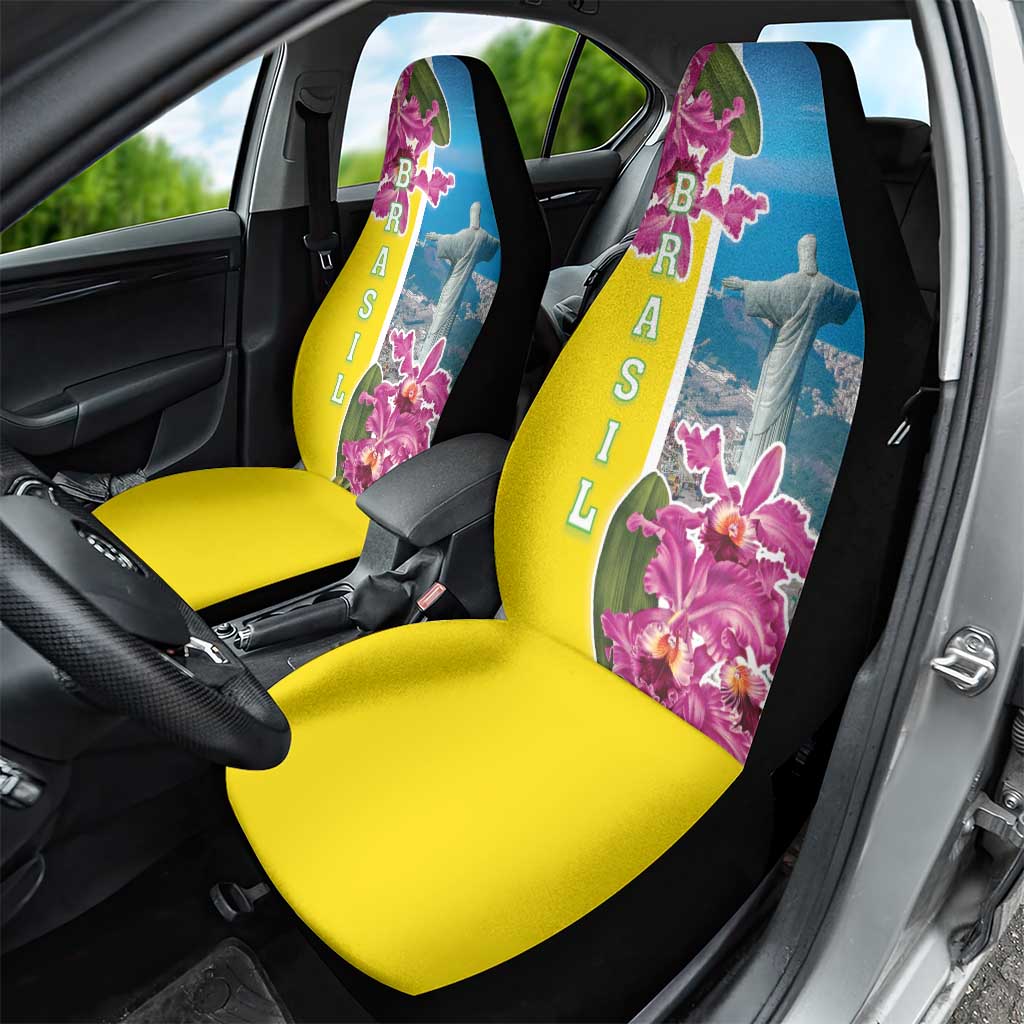Brazil Cattleya Labiata Car Seat Cover Christ The Redeemer And Flag Color Style - Wonder Print Shop