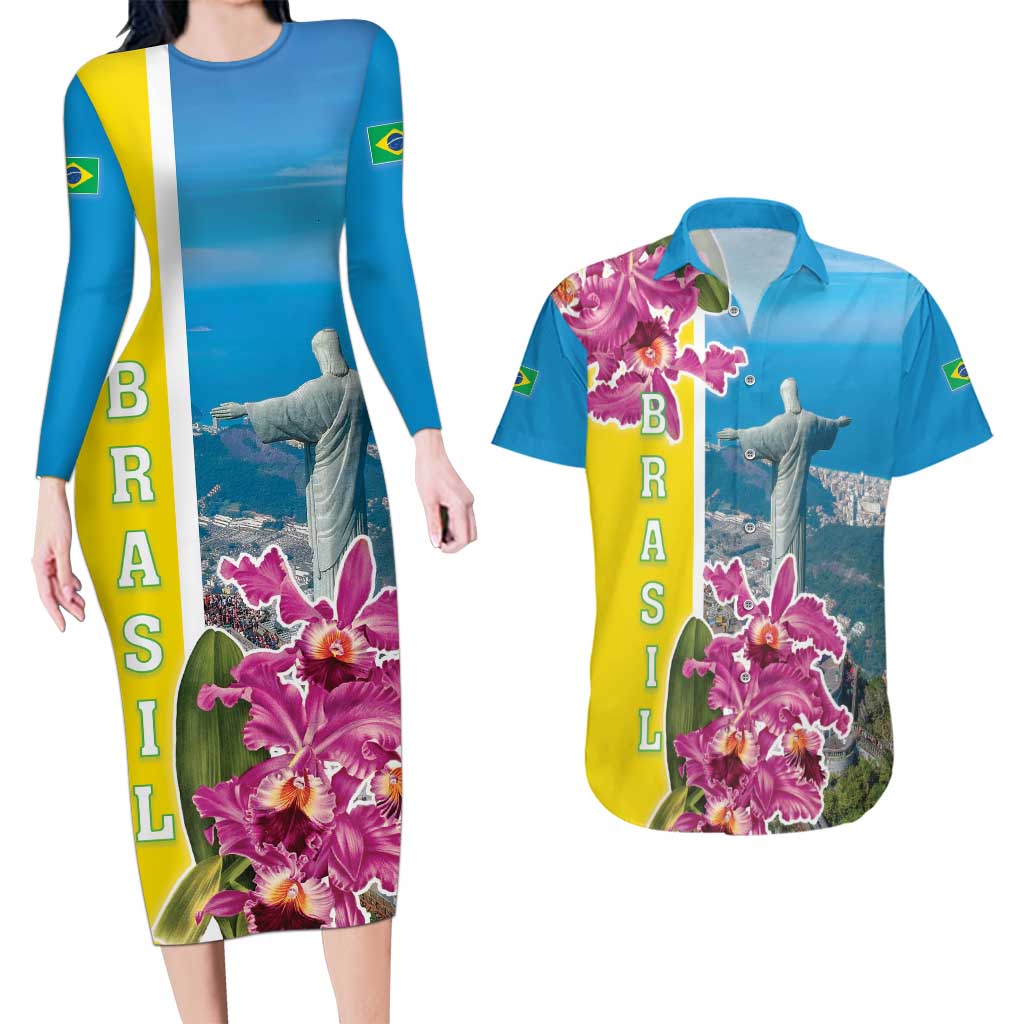 Brazil Cattleya Labiata Couples Matching Long Sleeve Bodycon Dress and Hawaiian Shirt Christ The Redeemer And Flag Color Style - Wonder Print Shop