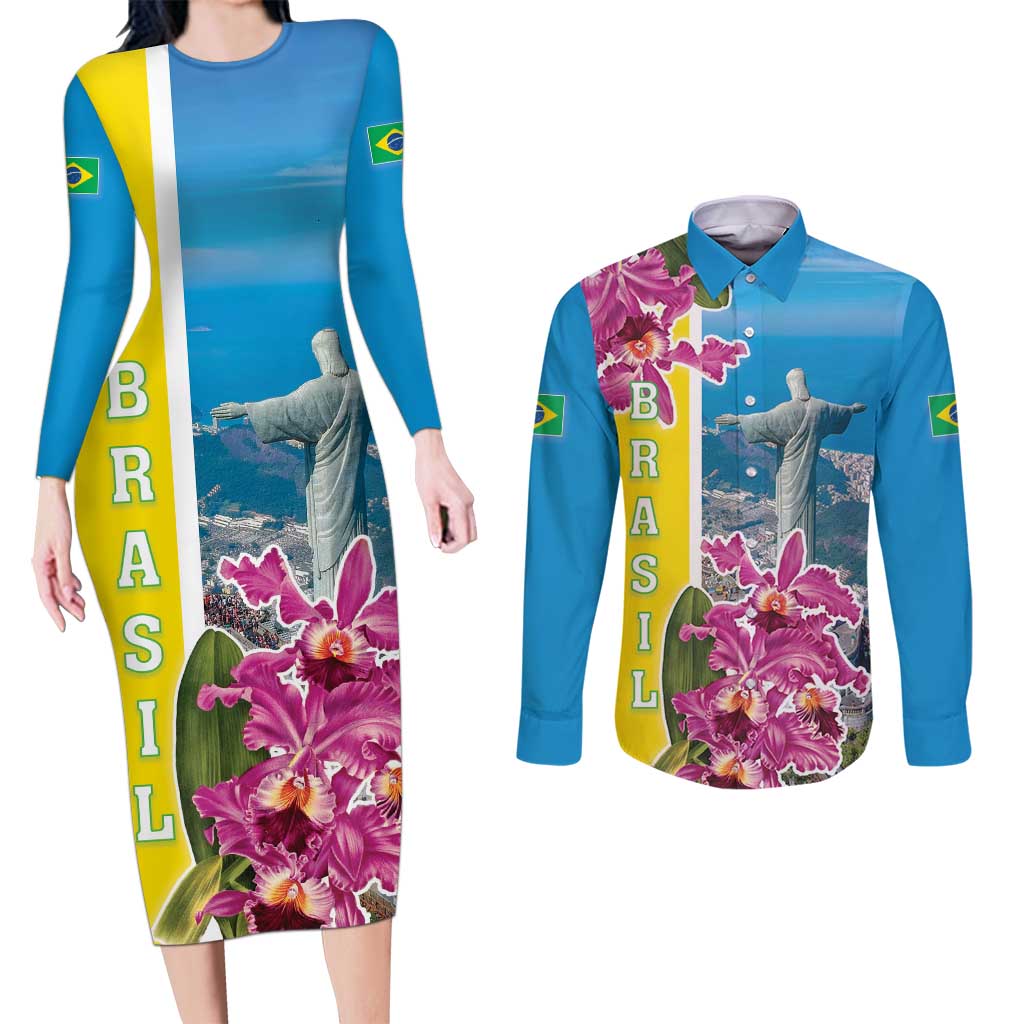 Brazil Cattleya Labiata Couples Matching Long Sleeve Bodycon Dress and Long Sleeve Button Shirt Christ The Redeemer And Flag Color Style - Wonder Print Shop