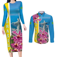 Brazil Cattleya Labiata Couples Matching Long Sleeve Bodycon Dress and Long Sleeve Button Shirt Christ The Redeemer And Flag Color Style - Wonder Print Shop