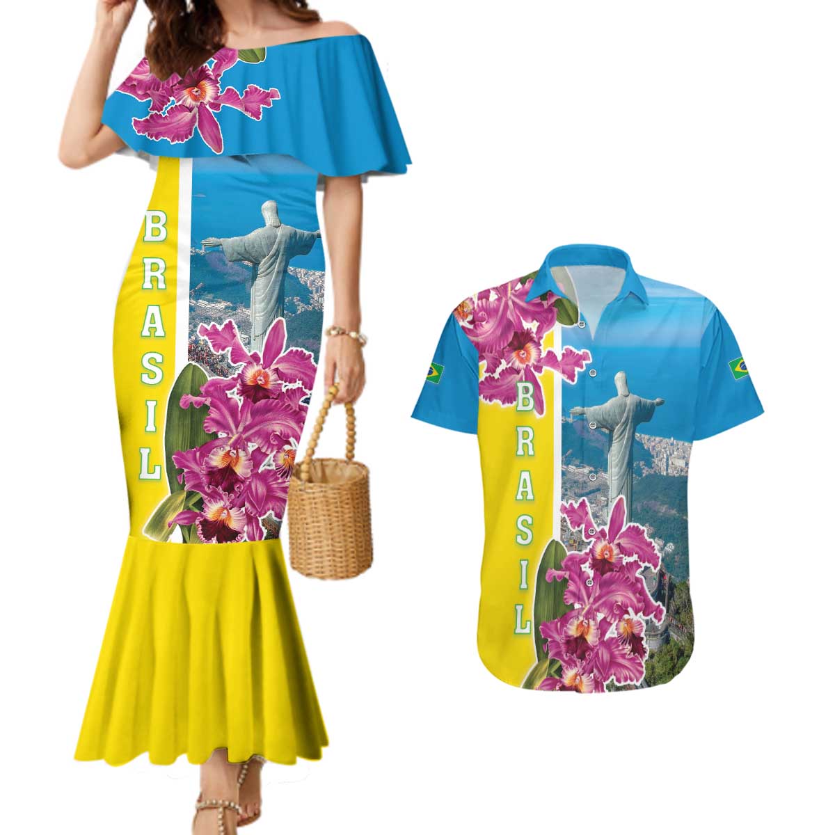 Brazil Cattleya Labiata Couples Matching Mermaid Dress and Hawaiian Shirt Christ The Redeemer And Flag Color Style - Wonder Print Shop