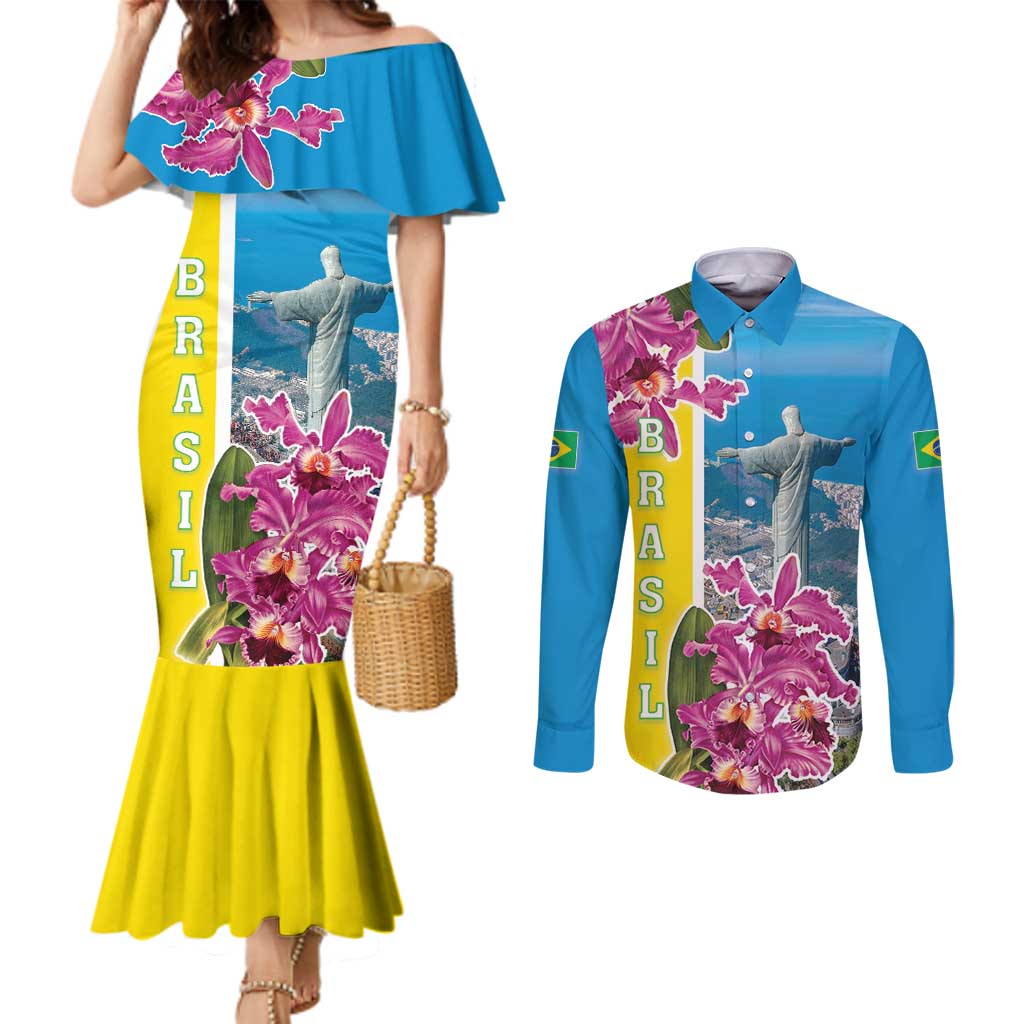 Brazil Cattleya Labiata Couples Matching Mermaid Dress and Long Sleeve Button Shirt Christ The Redeemer And Flag Color Style
