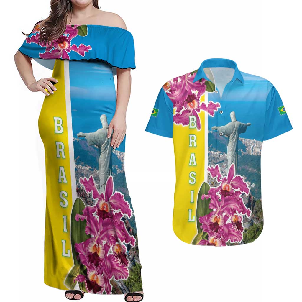 Brazil Cattleya Labiata Couples Matching Off Shoulder Maxi Dress and Hawaiian Shirt Christ The Redeemer And Flag Color Style - Wonder Print Shop