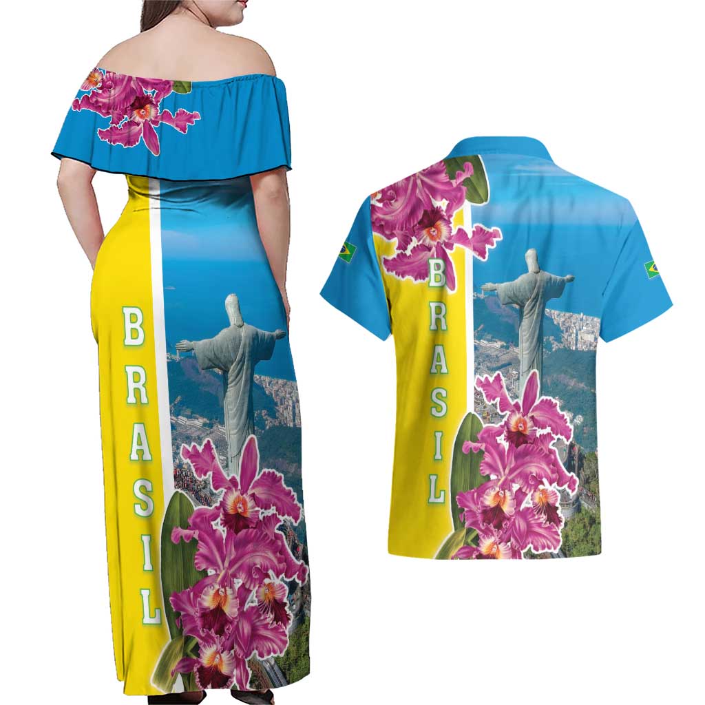 Brazil Cattleya Labiata Couples Matching Off Shoulder Maxi Dress and Hawaiian Shirt Christ The Redeemer And Flag Color Style - Wonder Print Shop