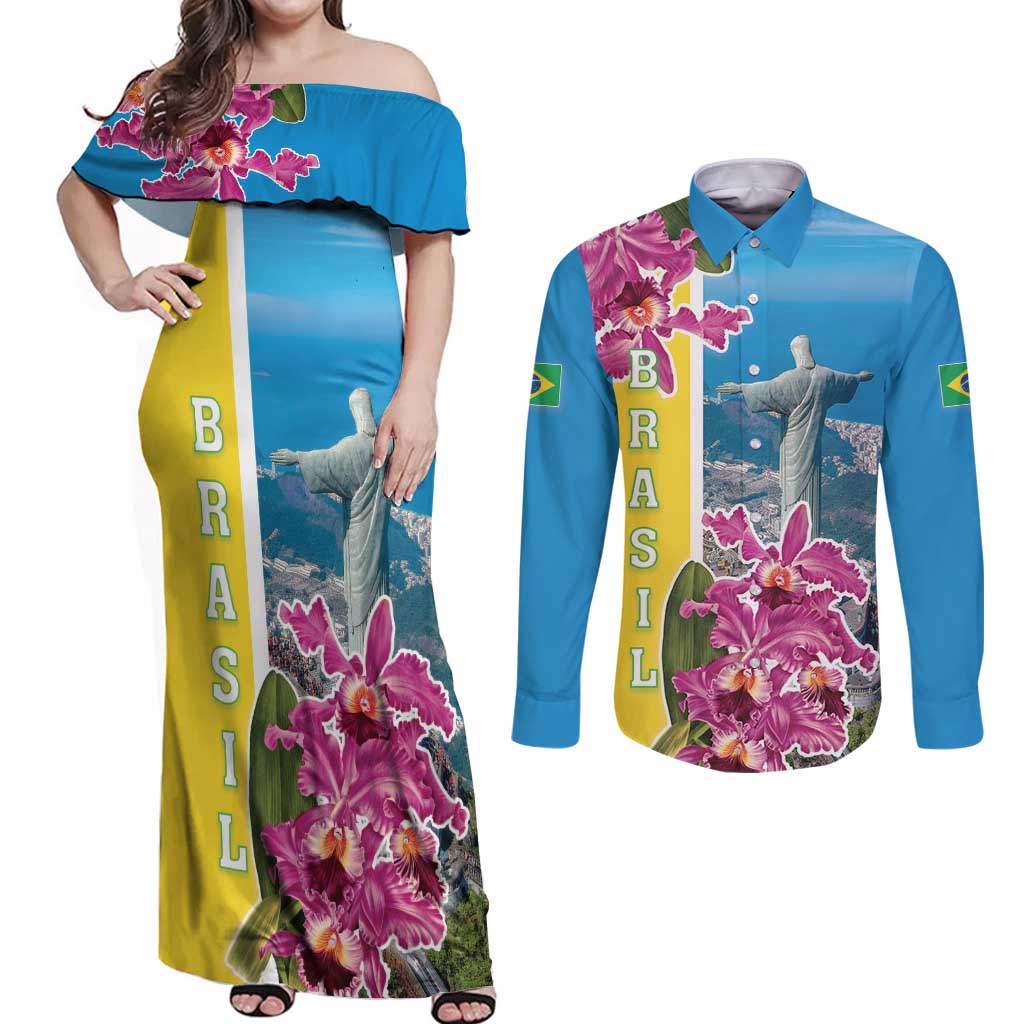 Brazil Cattleya Labiata Couples Matching Off Shoulder Maxi Dress and Long Sleeve Button Shirt Christ The Redeemer And Flag Color Style - Wonder Print Shop
