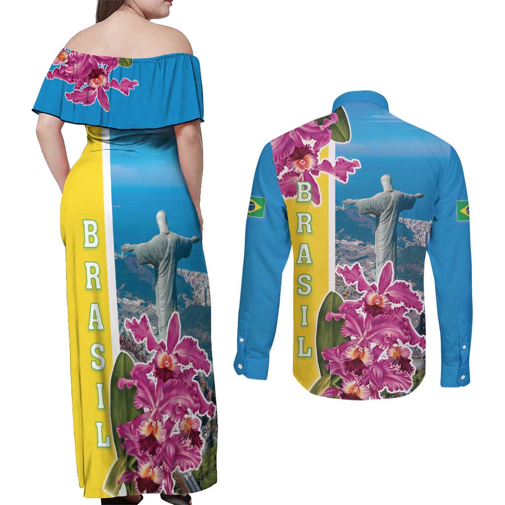 Brazil Cattleya Labiata Couples Matching Off Shoulder Maxi Dress and Long Sleeve Button Shirt Christ The Redeemer And Flag Color Style - Wonder Print Shop