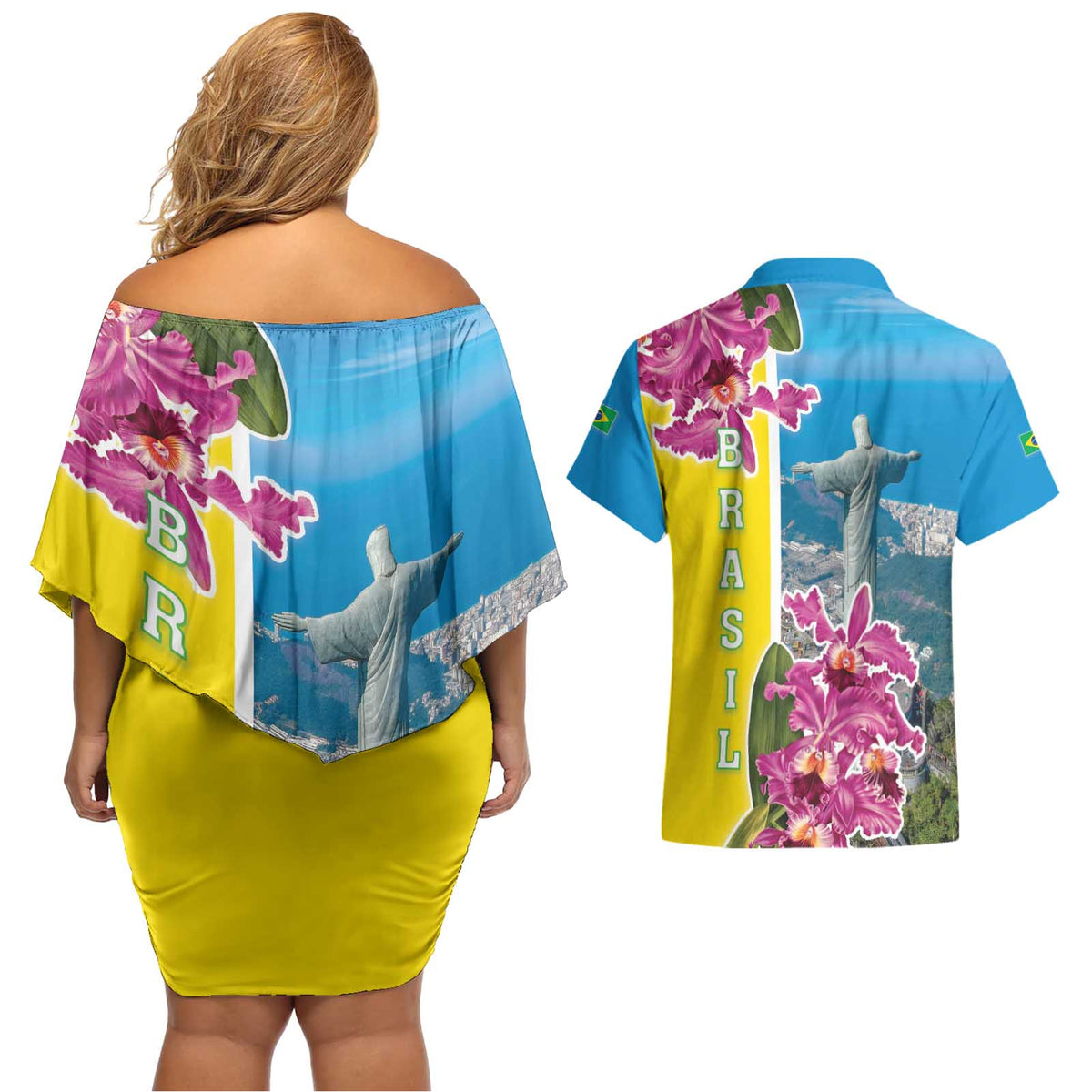 Brazil Cattleya Labiata Couples Matching Off Shoulder Short Dress and Hawaiian Shirt Christ The Redeemer And Flag Color Style - Wonder Print Shop