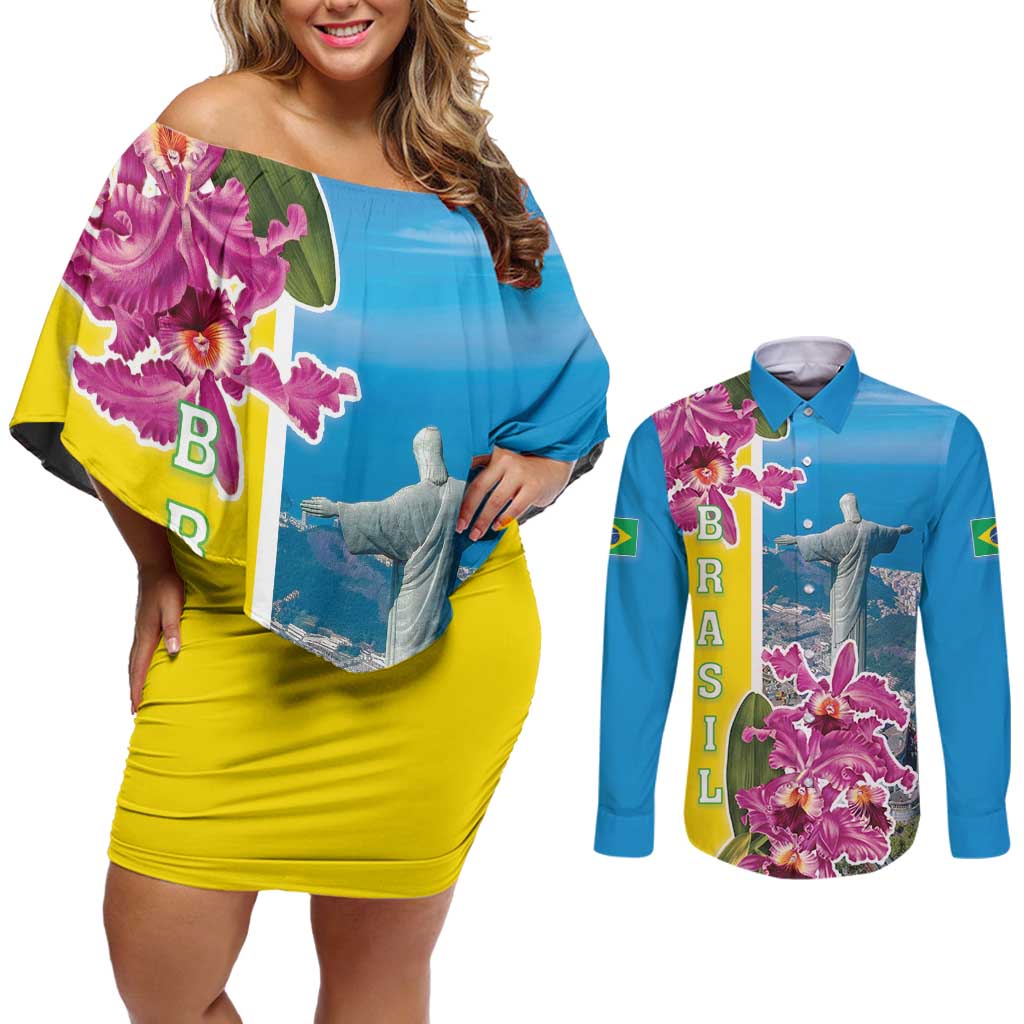 Brazil Cattleya Labiata Couples Matching Off Shoulder Short Dress and Long Sleeve Button Shirt Christ The Redeemer And Flag Color Style - Wonder Print Shop