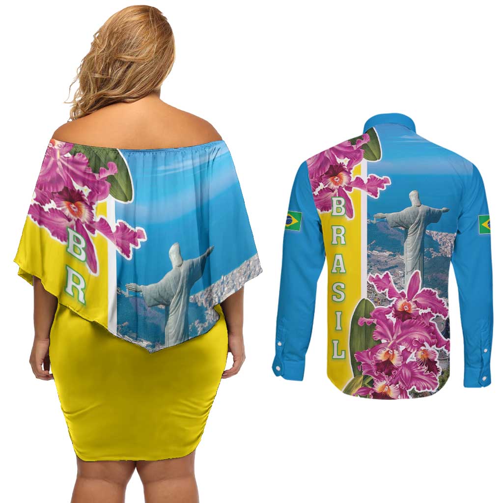 Brazil Cattleya Labiata Couples Matching Off Shoulder Short Dress and Long Sleeve Button Shirt Christ The Redeemer And Flag Color Style - Wonder Print Shop