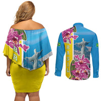 Brazil Cattleya Labiata Couples Matching Off Shoulder Short Dress and Long Sleeve Button Shirt Christ The Redeemer And Flag Color Style - Wonder Print Shop
