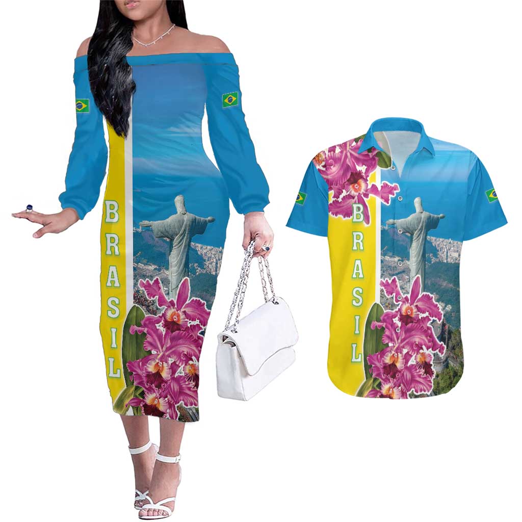 Brazil Cattleya Labiata Couples Matching Off The Shoulder Long Sleeve Dress and Hawaiian Shirt Christ The Redeemer And Flag Color Style - Wonder Print Shop