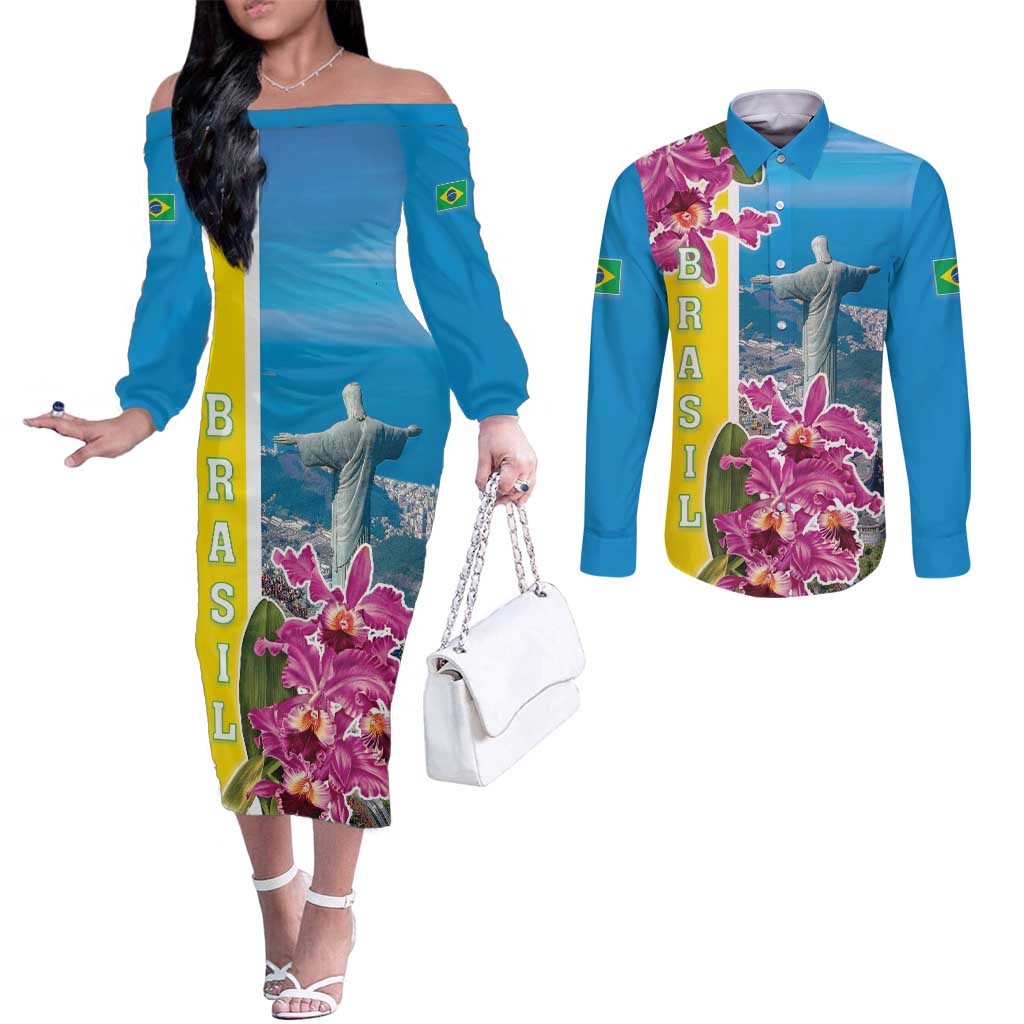 Brazil Cattleya Labiata Couples Matching Off The Shoulder Long Sleeve Dress and Long Sleeve Button Shirt Christ The Redeemer And Flag Color Style