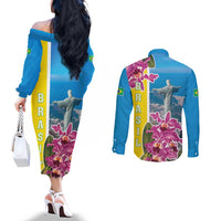 Brazil Cattleya Labiata Couples Matching Off The Shoulder Long Sleeve Dress and Long Sleeve Button Shirt Christ The Redeemer And Flag Color Style