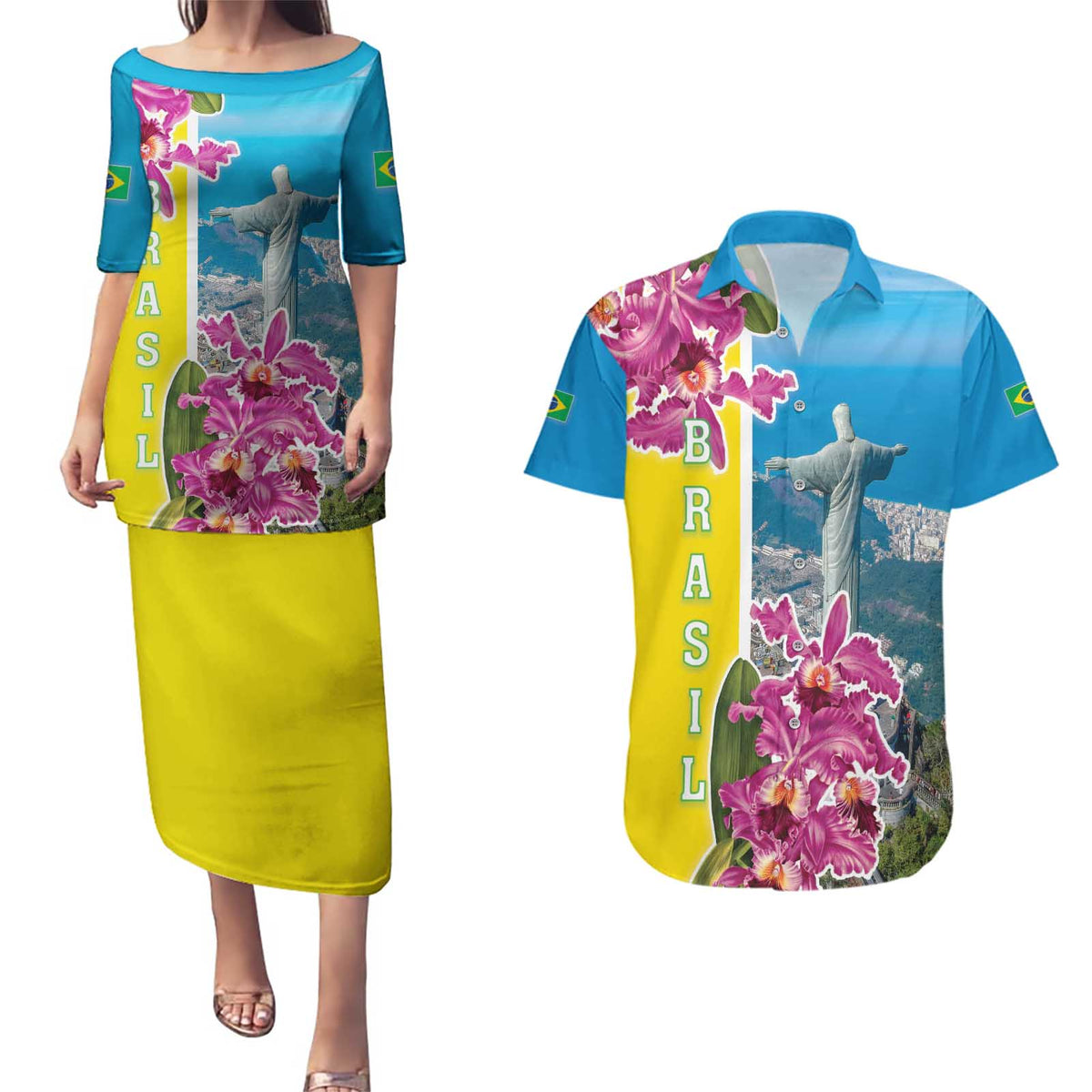 Brazil Cattleya Labiata Couples Matching Puletasi and Hawaiian Shirt Christ The Redeemer And Flag Color Style - Wonder Print Shop