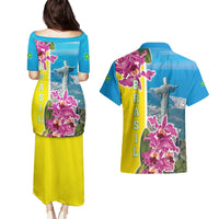 Brazil Cattleya Labiata Couples Matching Puletasi and Hawaiian Shirt Christ The Redeemer And Flag Color Style - Wonder Print Shop