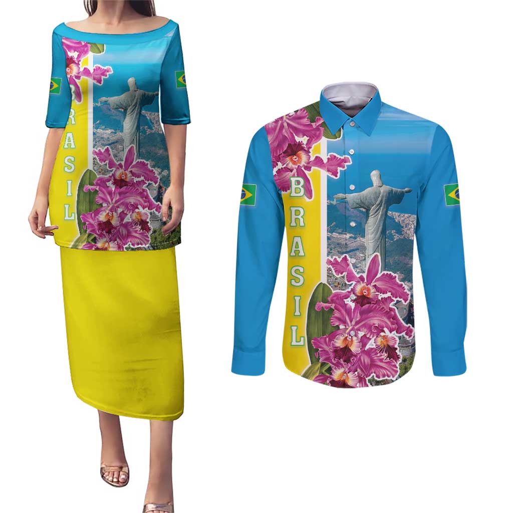 Brazil Cattleya Labiata Couples Matching Puletasi and Long Sleeve Button Shirt Christ The Redeemer And Flag Color Style - Wonder Print Shop
