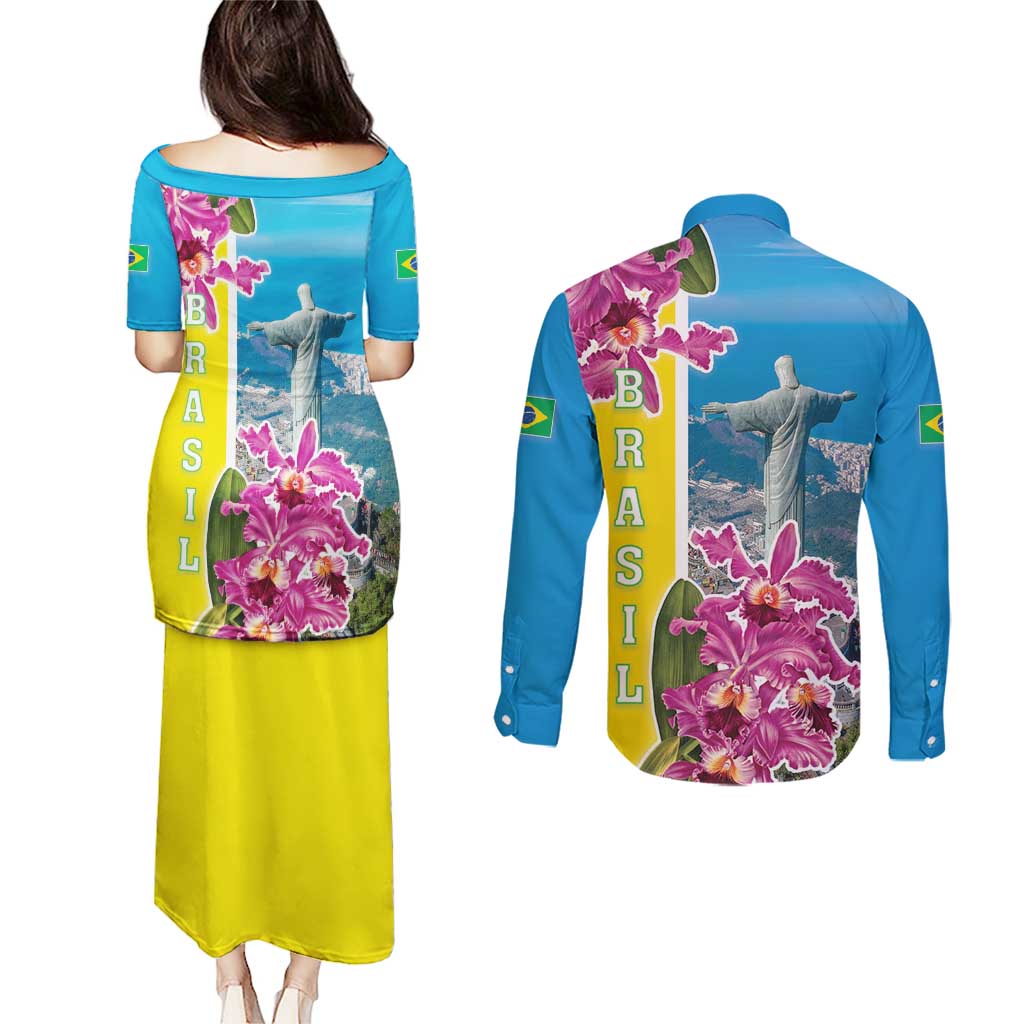 Brazil Cattleya Labiata Couples Matching Puletasi and Long Sleeve Button Shirt Christ The Redeemer And Flag Color Style - Wonder Print Shop
