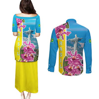 Brazil Cattleya Labiata Couples Matching Puletasi and Long Sleeve Button Shirt Christ The Redeemer And Flag Color Style - Wonder Print Shop